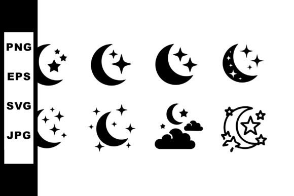 Black Crescent Moon & Stars Vector Ico