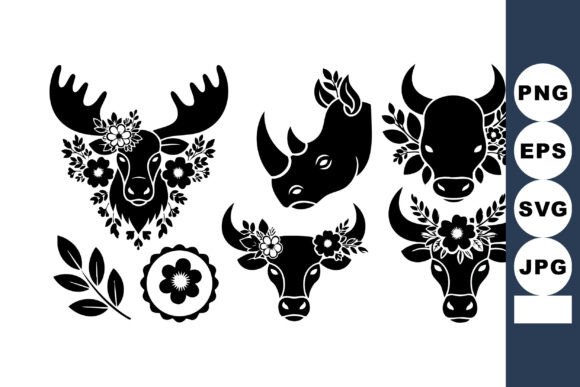 Black Silhouette Animal Heads with Flora: Illustrations & Graphics