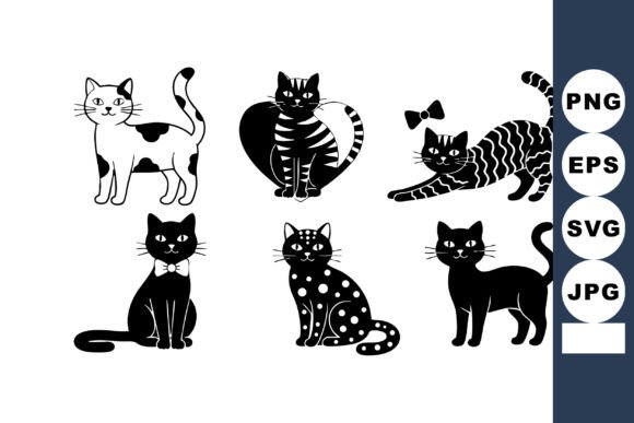 Cute Black and White Cat Vector Icons Wi: Graphics & Illustrations