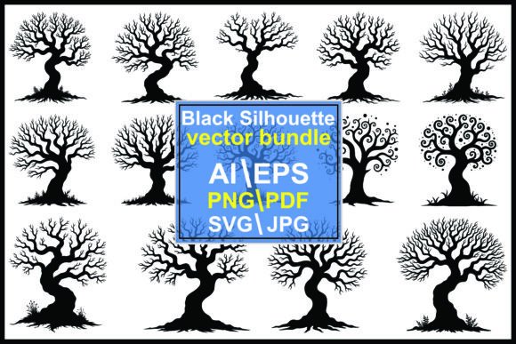 Silhouette Bare Trees with Roots Bundle: Graphics & Illustrations