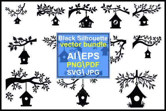 Silhouette of Birdhouse Hanging Tree Graphics