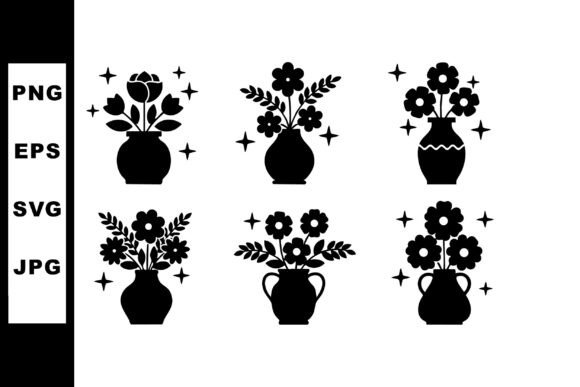 Six Black Silhouette Flower Vase Vector: Graphics & Illustrations