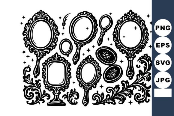 Vintage Ornate Hand Mirrors & Decorative Graphics