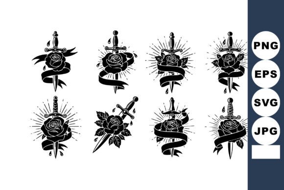 Vintage Sword and Rose Tattoo Graphics & Illustrations